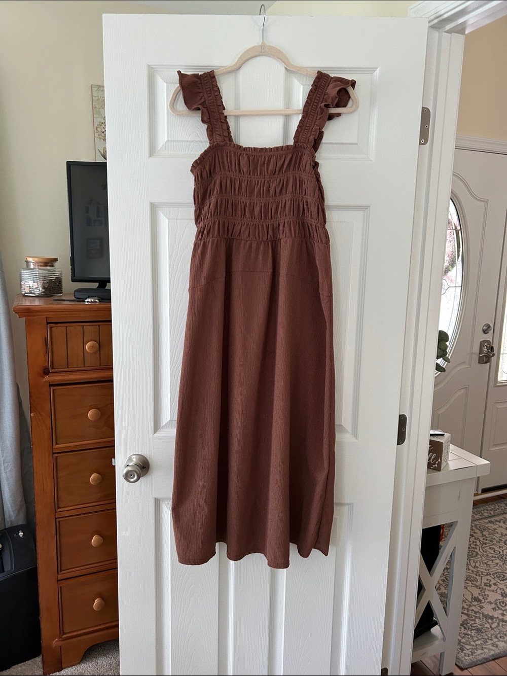 Womens Smocked Ruffle Strap Dress - Brown